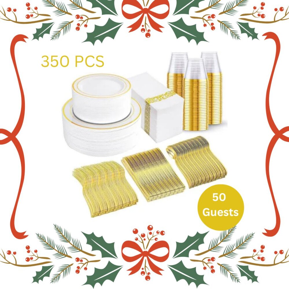 Gold Disposable Plastic Dinnerware Set for 50 Guests – 350 Pieces Plates, Cups,